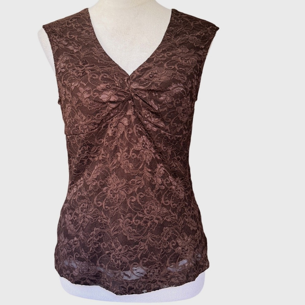 Rampage Chocolate Brown Floral Lace Ruched Tank Top L Fairycore Whimsigoth 90s